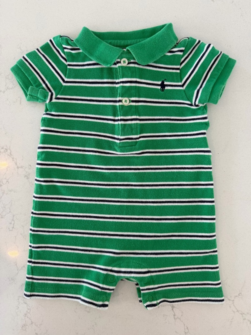 Ralph Lauren Green, White & Navy Striped Polo Romper